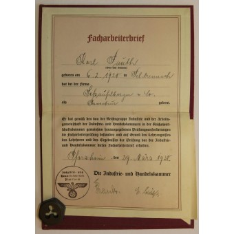 3ème certificat de travailleur qualifié Reich - Facharbeiterbrief. Espenlaub militaria